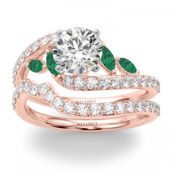 Swirl Design Lab Grown Diamond & Marquise Lab Emerald Bridal Ring Set 18K Rose Gold (0.96ct)